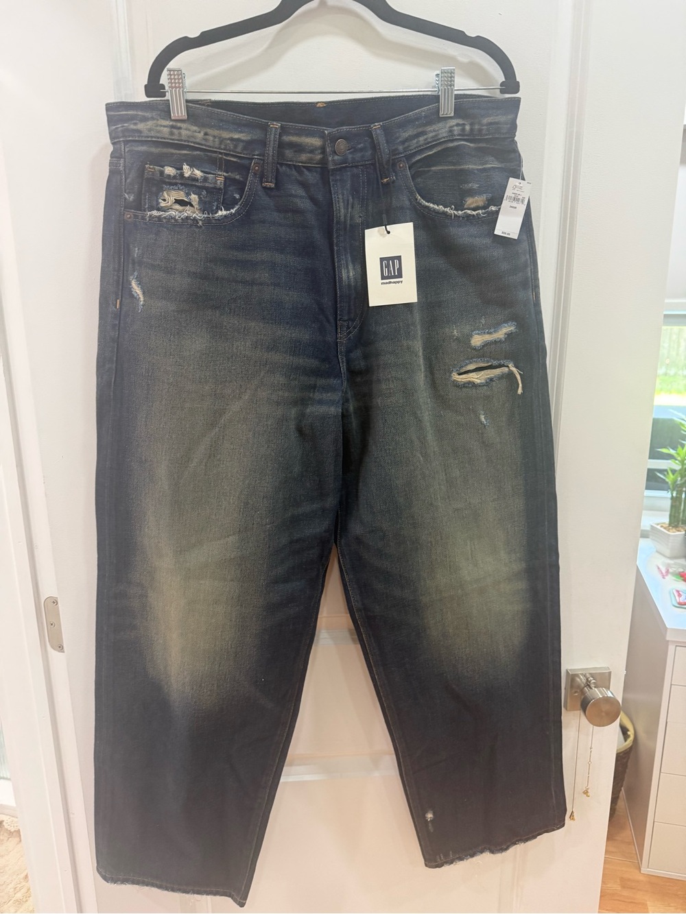 GAP men’s x Madhappy Men’s Dark Wash Distressed Denim Jeans 5-Pocket Logo